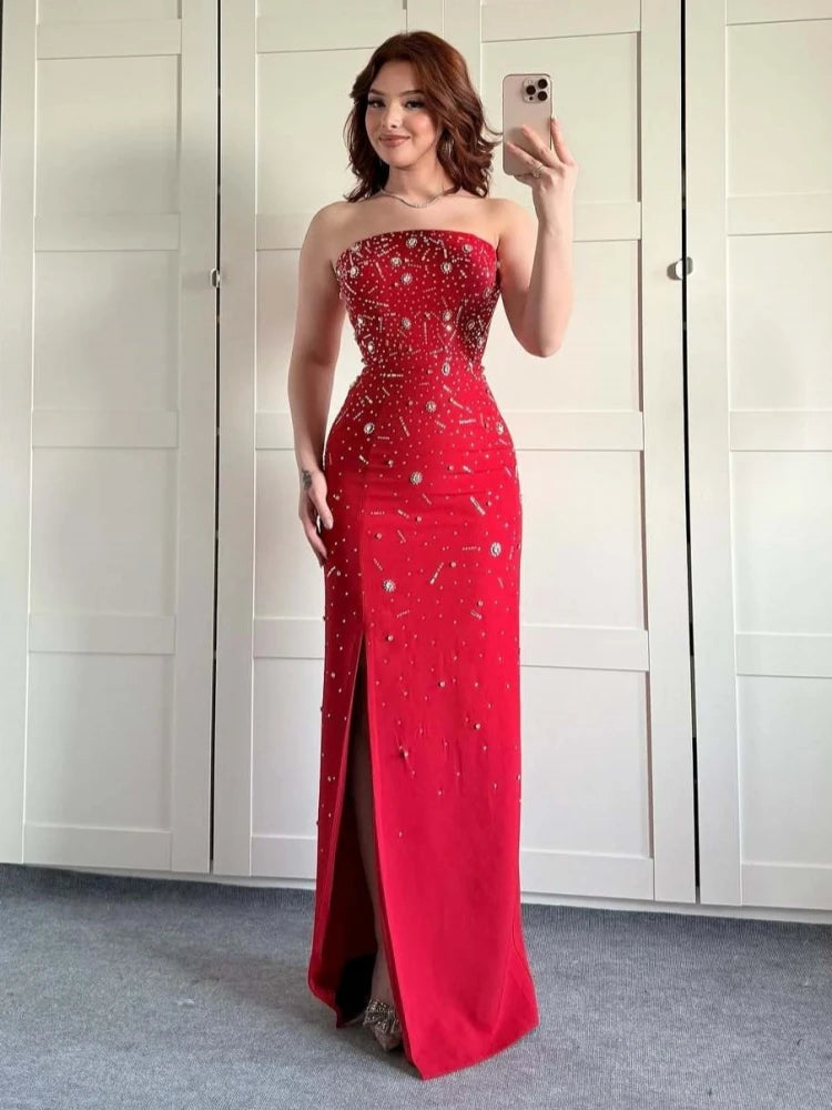 Diamond beaded red evening dress designed for upscale events
