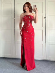 Diamond beaded red evening dress designed for upscale events