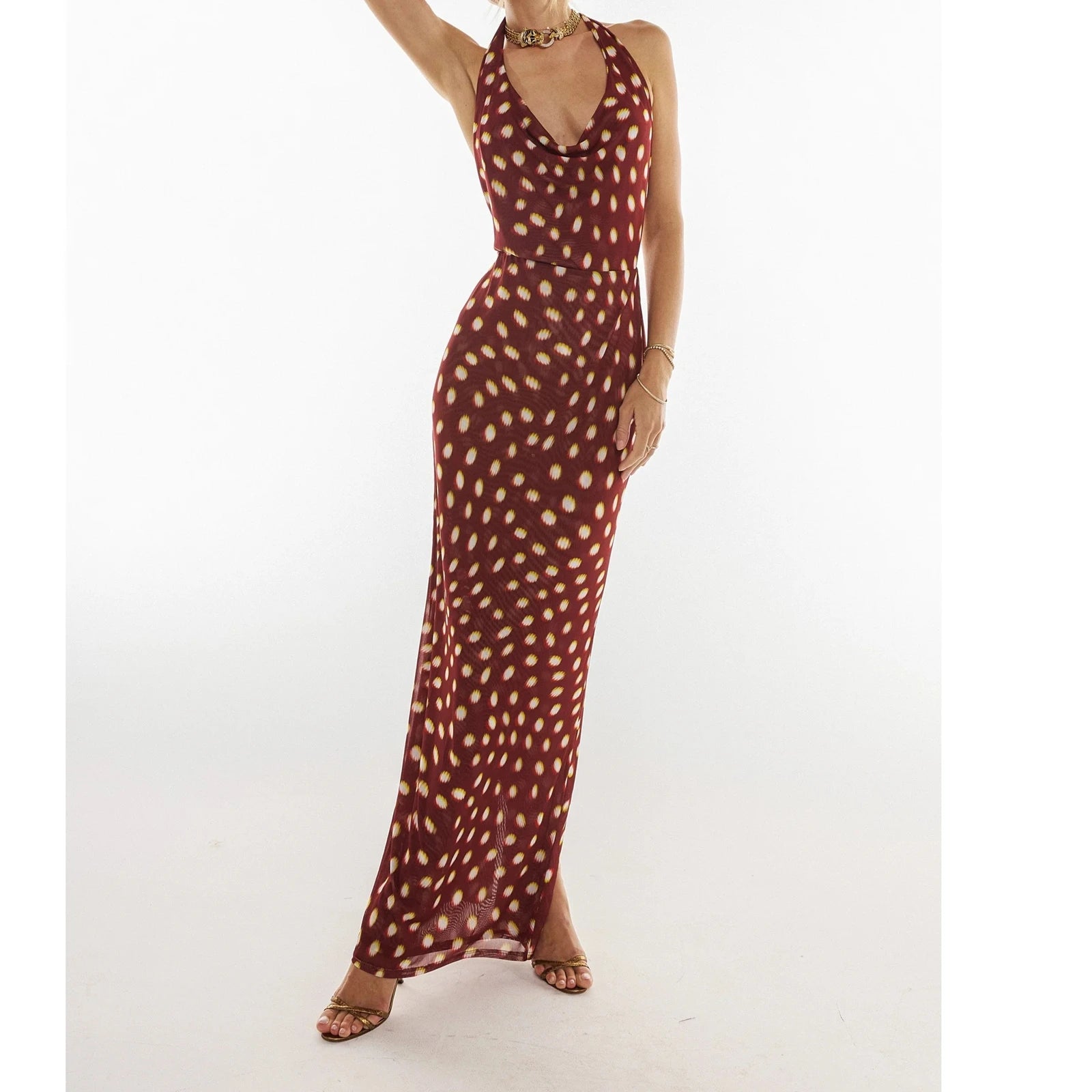 A front shot of the dot print bodycon summer dress, showing the silhouette.