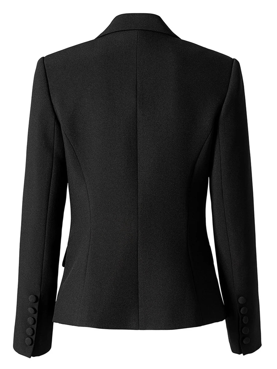 Black tailored blazer showing structured shoulders and a clean, fitted waist.