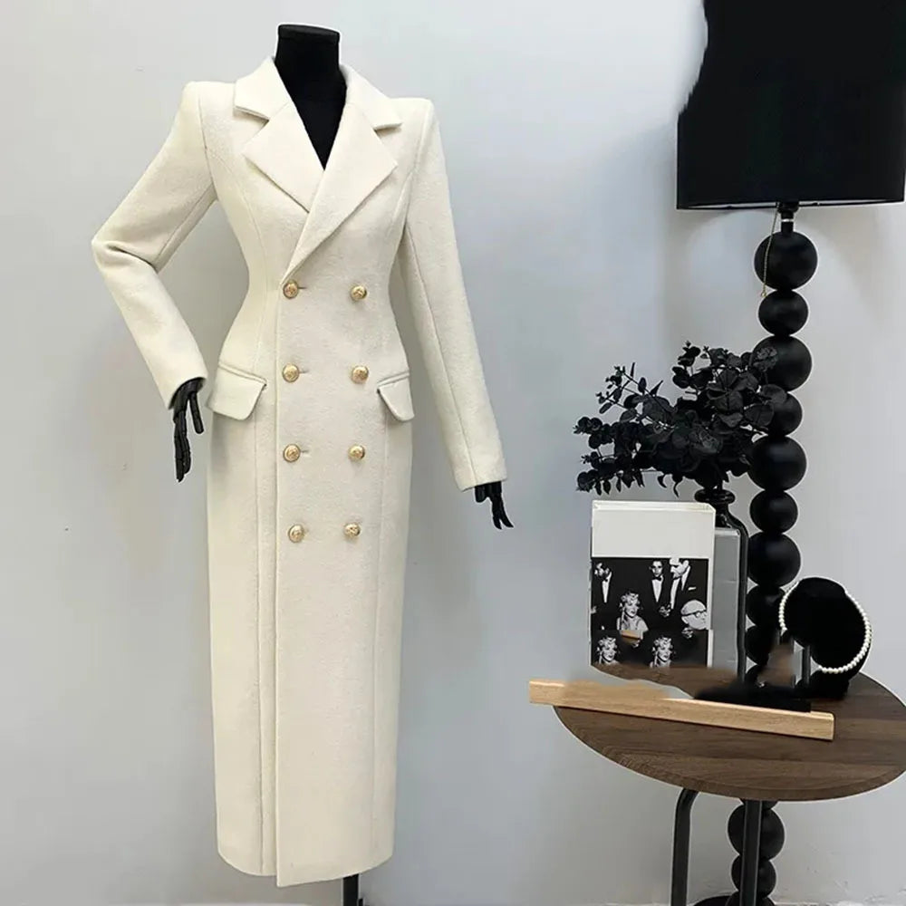 Long tailored wool coat with polished button detailing