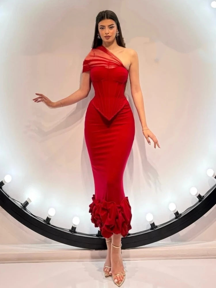 Dramatic hem red midi dress for unforgettable evening style