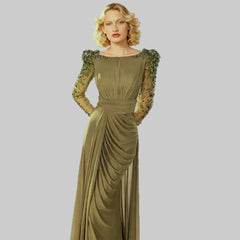 Crew neck maxi gown with embellished sleeves and structured drape