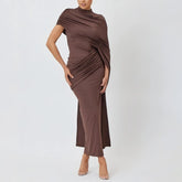 draped stand neck maxi dress with asymmetric cape sleeve