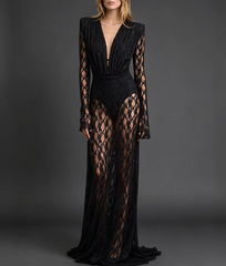Sheer lace deep V-neck maxi dress front view