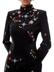 Celestial mini dress styled for elevated cocktail or weekend editorial events