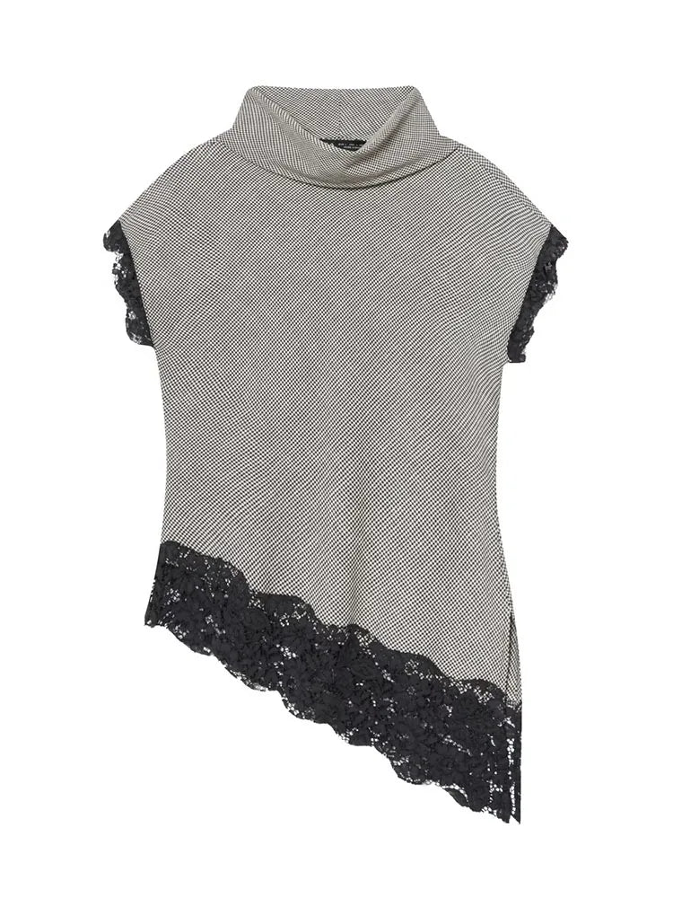 Gray sleeveless top with black lace trim on a white background