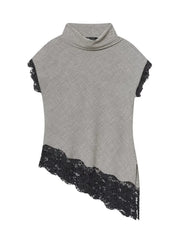 Gray sleeveless top with black lace trim on a white background