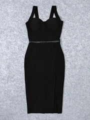 Elegant black midi dress shown with cocktail-ready accessories