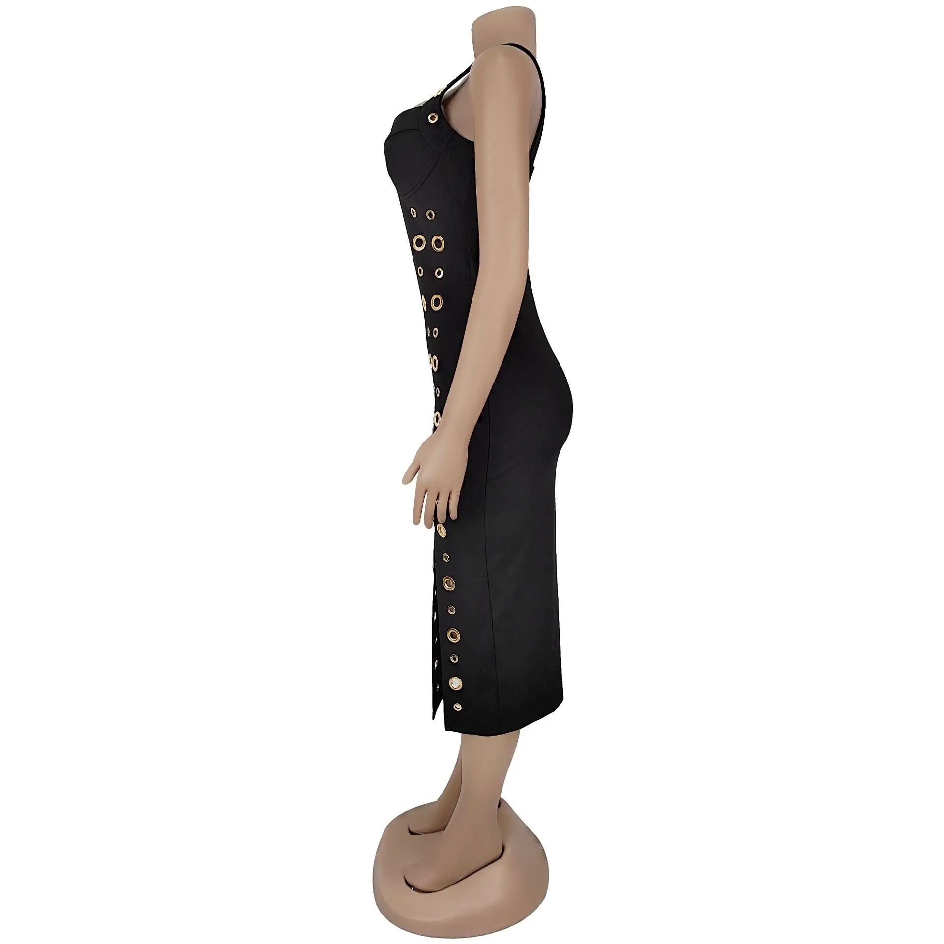 Elegant black slit midi party dress with sculpted silhouette and gold accents