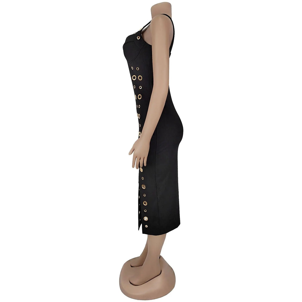 Elegant black slit midi party dress with sculpted silhouette and gold accents