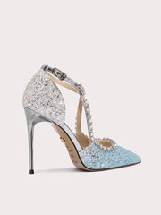 Elegant blue evening heels with cross straps and crystals