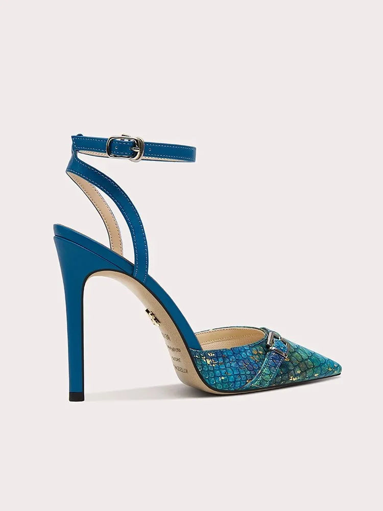 Elegant women’s blue stiletto sandals with slim straps