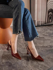 Close-up of brown slingback shoes with pointed toe design