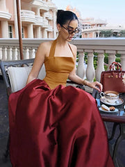 A full-length view of the elegant evening prom gown.