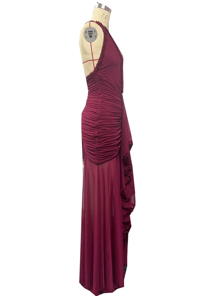 Elegant ruched mesh dress for holiday celebrations