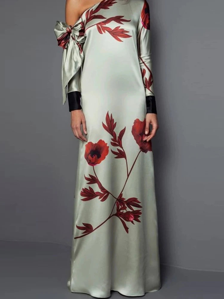Elegant botanical print gown with architectural slash neck