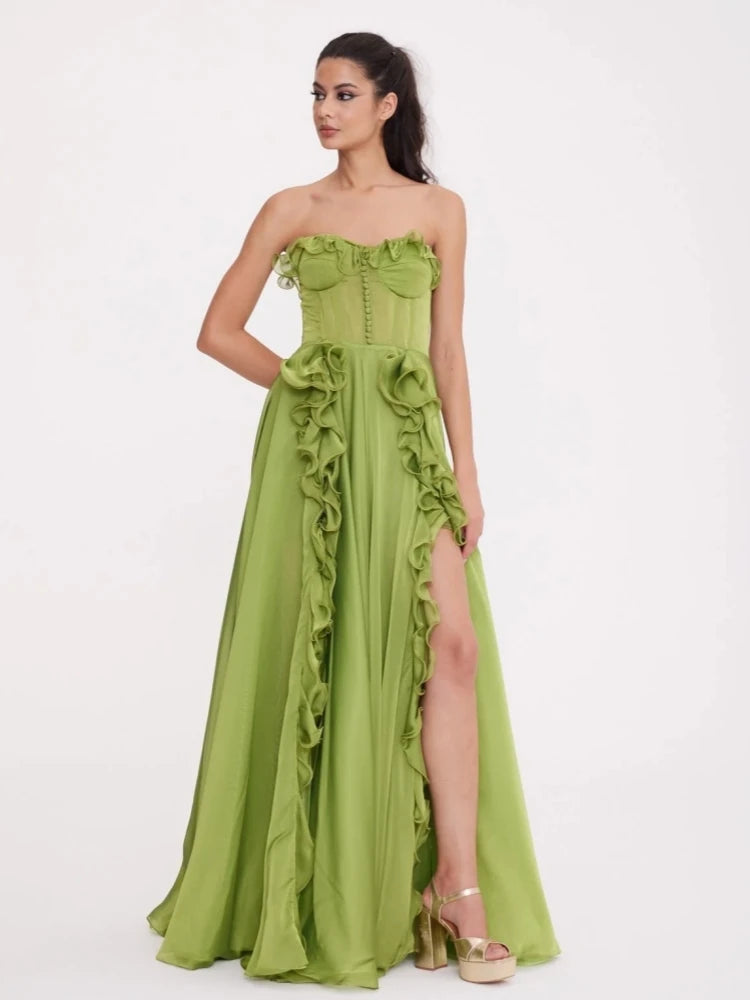 Elegant green formal maxi dress for cocktail & evening wear