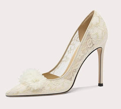 Elegant lace bridal pumps with rhinestone appliqué