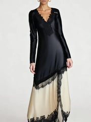 Elegant lace trim full sleeve gown for women in gallery or evening settings