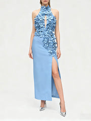 Styled look featuring the floral evening dress paired with minimalist heels for a formal event