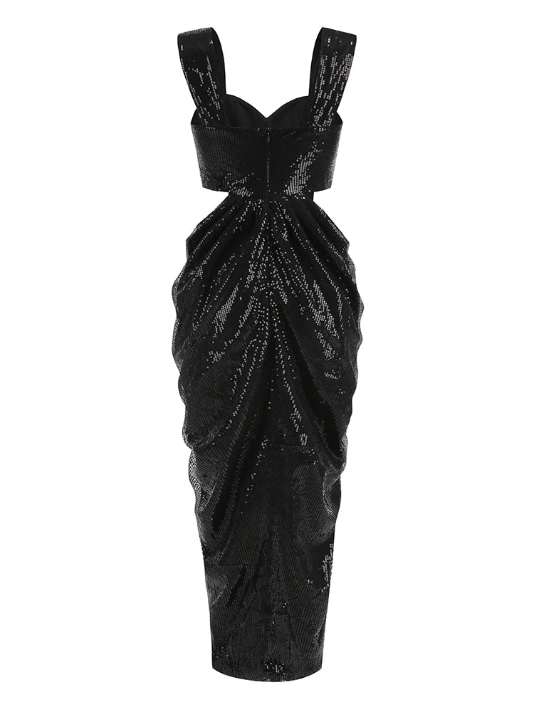 The back view of the dress shows the elegant backless design.