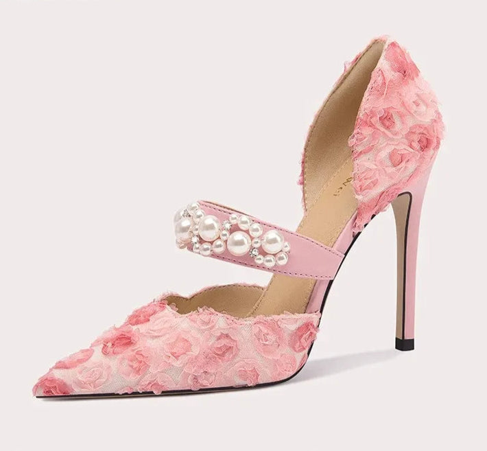 Elegant pearl appliqué lace heels for weddings and parties