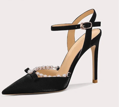 Elegant women’s buckle strap pearl evening heels