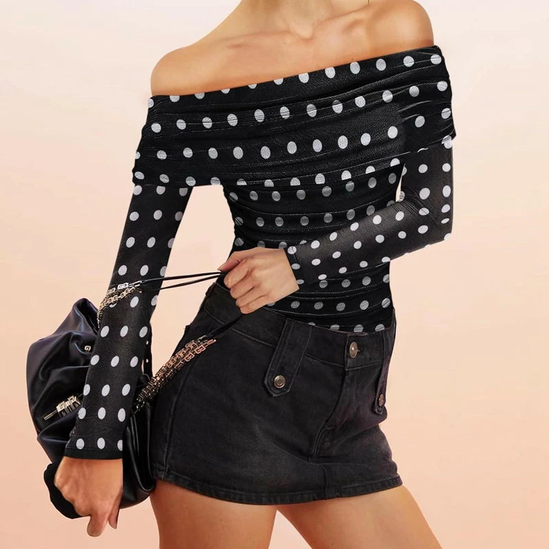 Black and white polka dot off shoulder top with long sleeves
