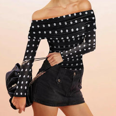 Black and white polka dot off shoulder top with long sleeves