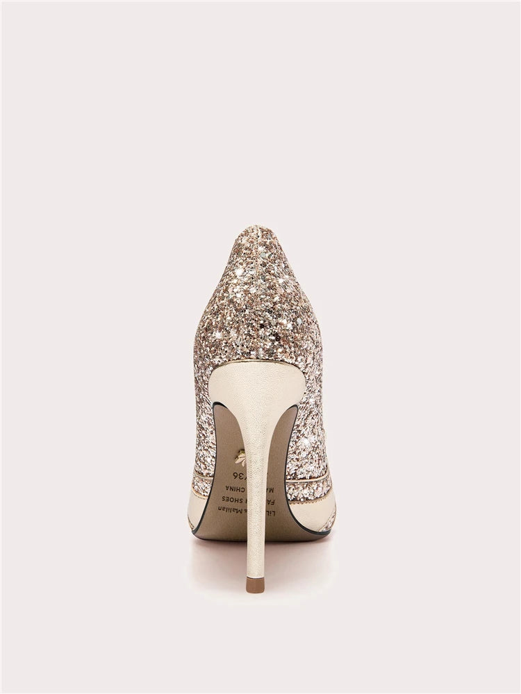 Elegant pointed toe party stilettos in sequined finish