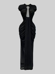 Front view of a slim ruched maxi dress with a round neckline