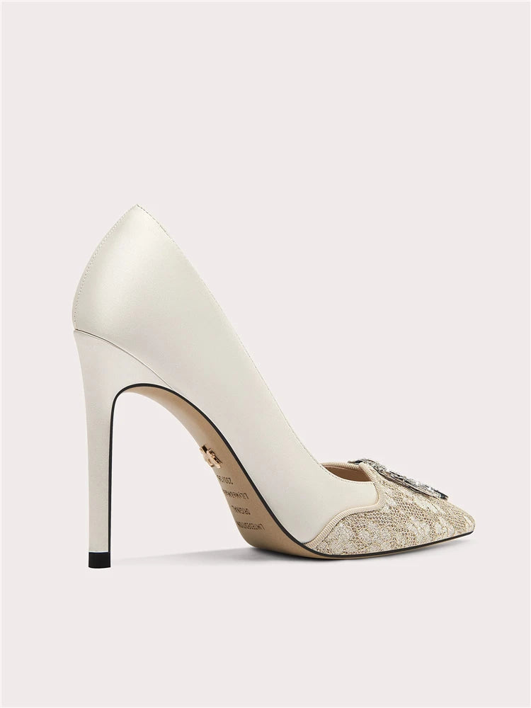 Elegant bridal shoes with lace stitching and crystal accents
