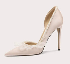 Elegant pointed toe party shoes with pearl lace trim