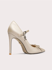 Side view of silk bow high heel banquet shoes