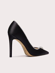 Elegant slip-on black heels with crystal brooch and trims