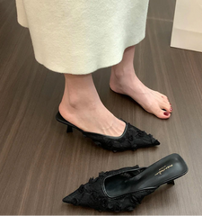 Elegant black lace slip-on mule heels with square block heel