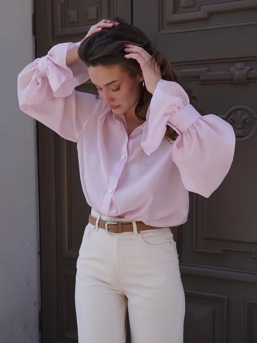 Sheer lapel blouse paired with neutral bottoms for clean girl aesthetic