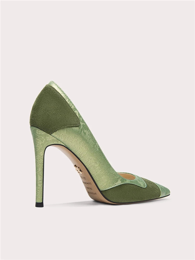 Side view of suede patchwork high heel pumps