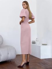Elegant long dress designed for warm-weather dinners and events