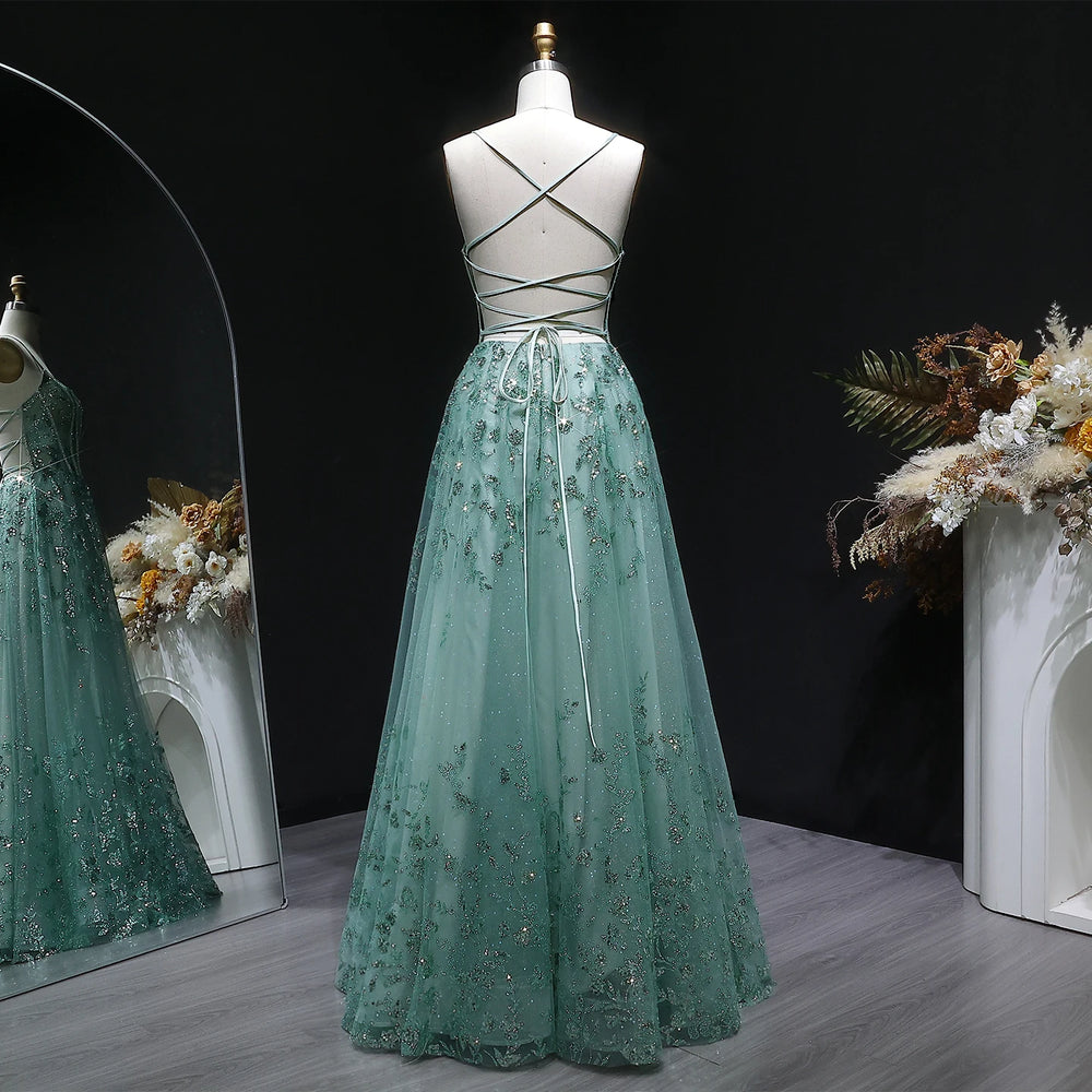 Close-up of crystal and sequin appliqué detailing on tulle bodice