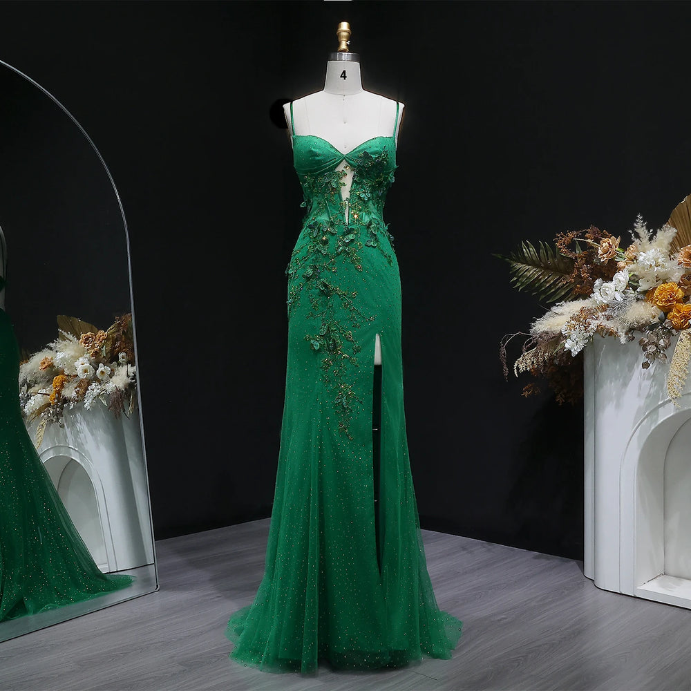 V-neck mermaid gown with embellished bodice and side slit