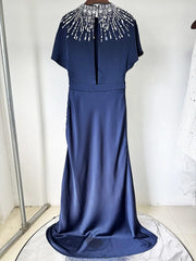 Embellished neckline navy gown perfect for sophisticated parties