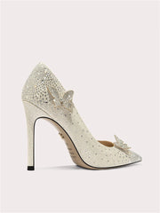 Embellished slip-on stiletto heels with butterfly details for formal occasions