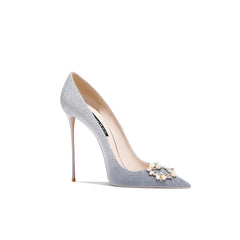Embellished stiletto heels in gray with beadwork and pearls