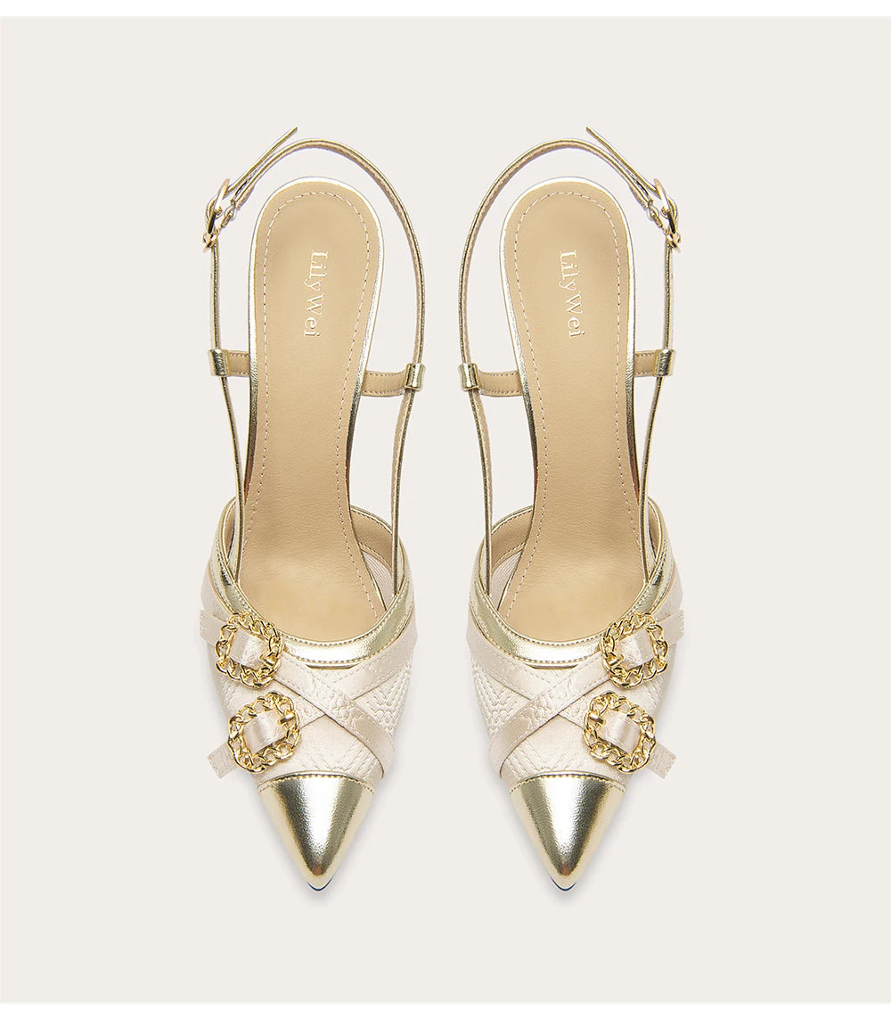 Embossed cloth stitching sandals with thin high heel