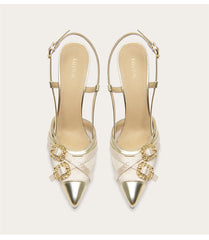 Embossed cloth stitching sandals with thin high heel