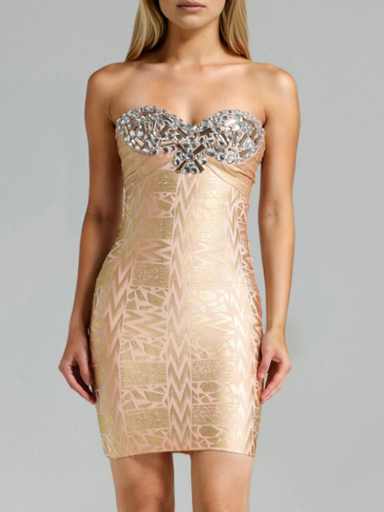 Embroidered sequin strapless mini dress styled for evening parties
