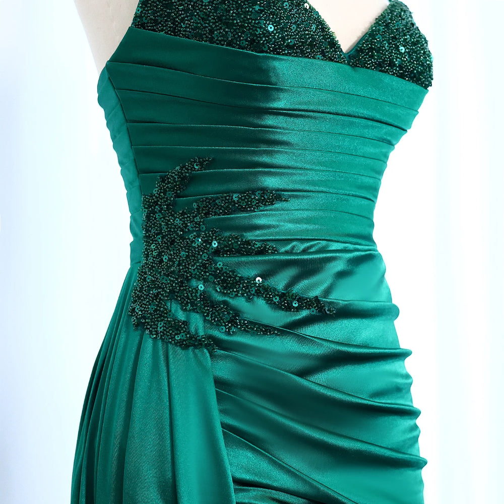 Close-up of beaded and sequined bodice on satin gown