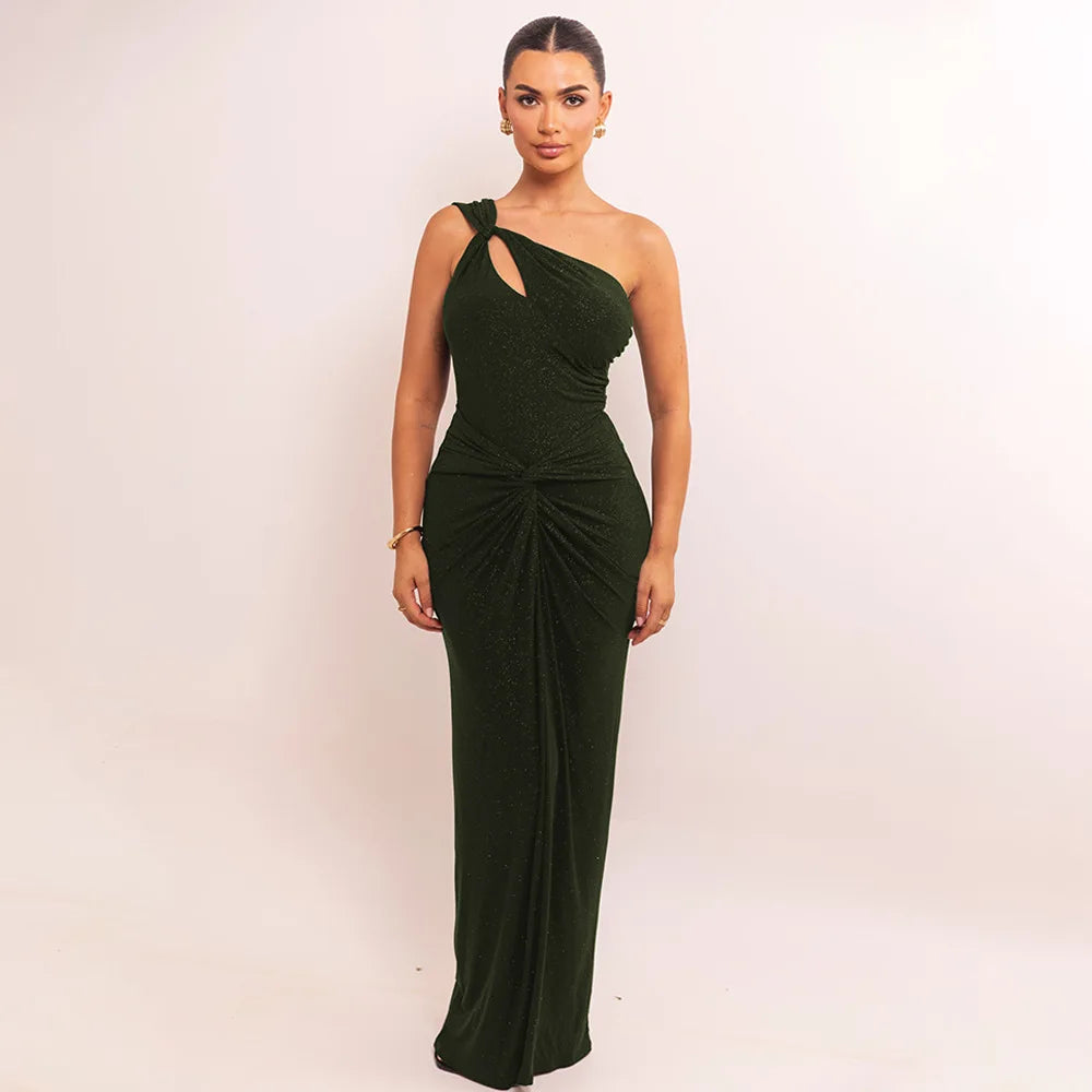 Emerald green one-shoulder gown styled for evening events